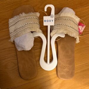 Roxy Beige Fringe Slide Sandals